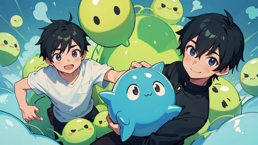 A boy and a slime traveling in another world、anime、Black Hair、smile