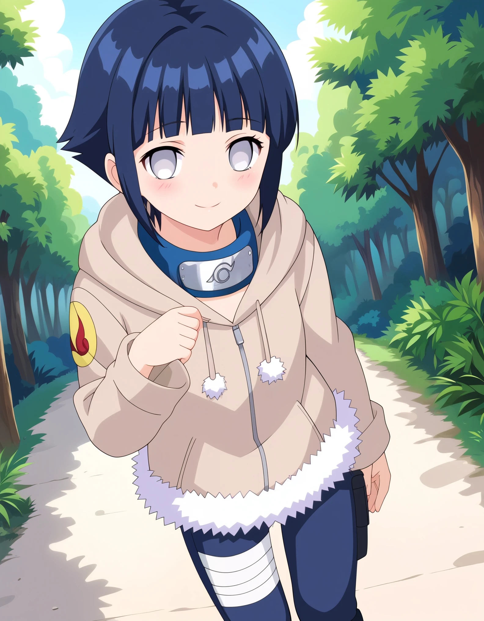 score_9, score_8_up, score_7_up, source_anime,
 short hair, dark blue hair, no pupils, 1girl, blunt bangs, shiny hair, grey eyes, hoodie, solo, hood down, long sleeves, looking at viewer, blush, fur trim, capri pants,  standing, smile, closed mouth,standing, cowboy shot, bandages, thigh holster,konohagakure symbol, forehead protector, 
outdoors, forest,
anime screencap, anime coloring,