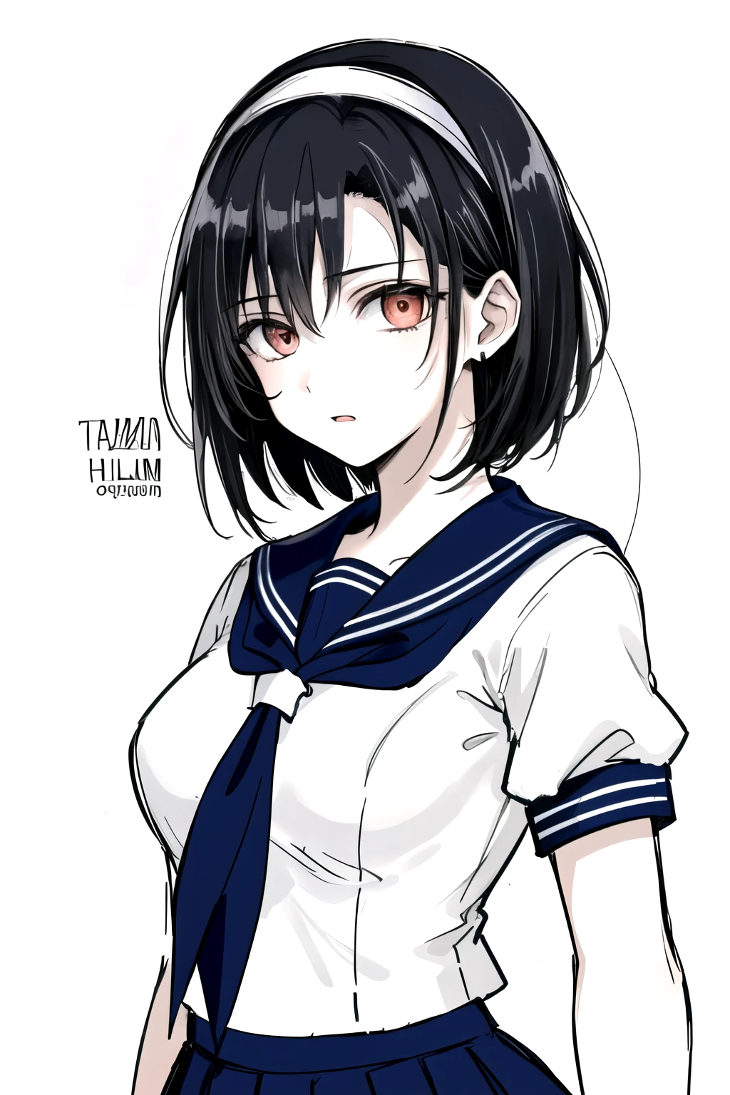 ((Masterpiece)),((High quality)),((High resolution)),((Extremely accurate and detailed representation of the human body)), An 18-year-old girl. Japanese. Wears a short-sleeved sailor uniform. Short hair. Hairband. Has a mysterious and enigmatic aura with elements of horror.