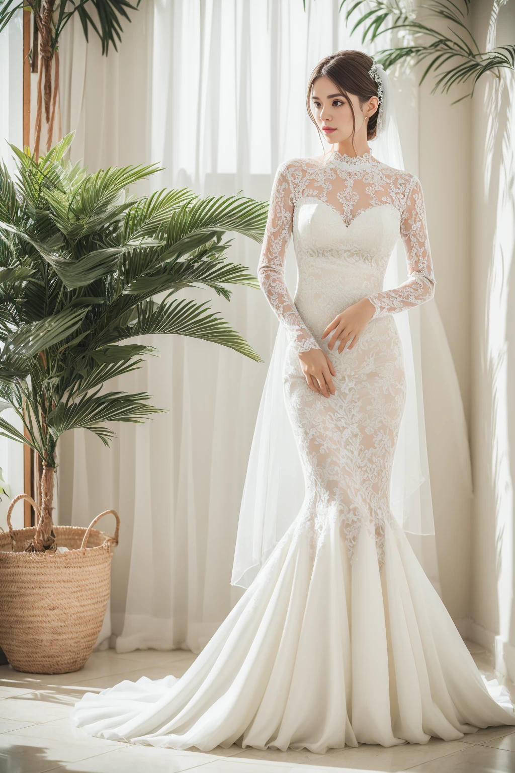 Best quality, 8k, 32k, Masterpiece, Masterpiece, (Photorealistic: 1.4), RAW photo, ultra realistic, 1girl, full body, wearing a white mermaid wedding dress, long-sleeve, floor-length style, lace fabric, Take product photos in white room with indoor decorative palm tree, look straight