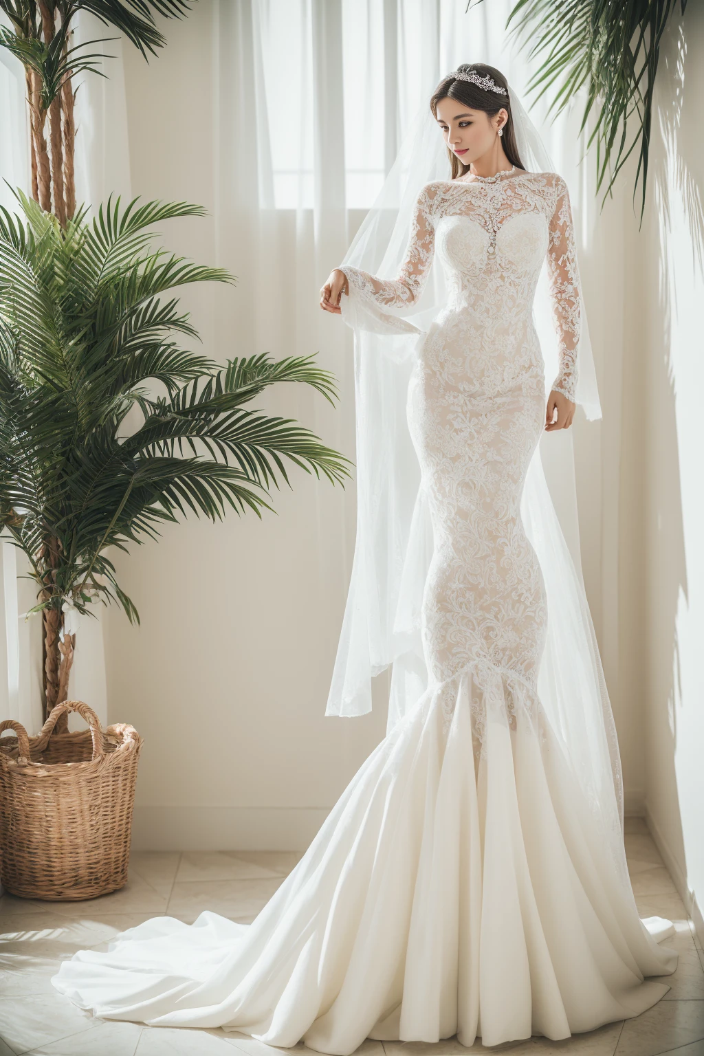 Best quality, 8k, 32k, Masterpiece, Masterpiece, (Photorealistic: 1.4), RAW photo, ultra realistic, 1girl, full body, wearing a white mermaid wedding dress, long-sleeve, floor-length style, lace fabric, Take product photos in white room with indoor decorative palm tree, look straight