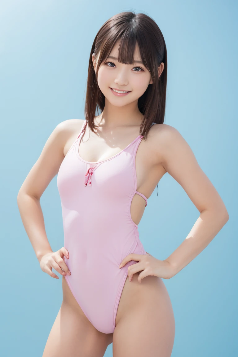 studio, soft lighting, upper body shot of a cute idol in a one-piece swimsuit, playful pose, hands on hips, smiling, pastel background, photorealistic, high detail, studio photography