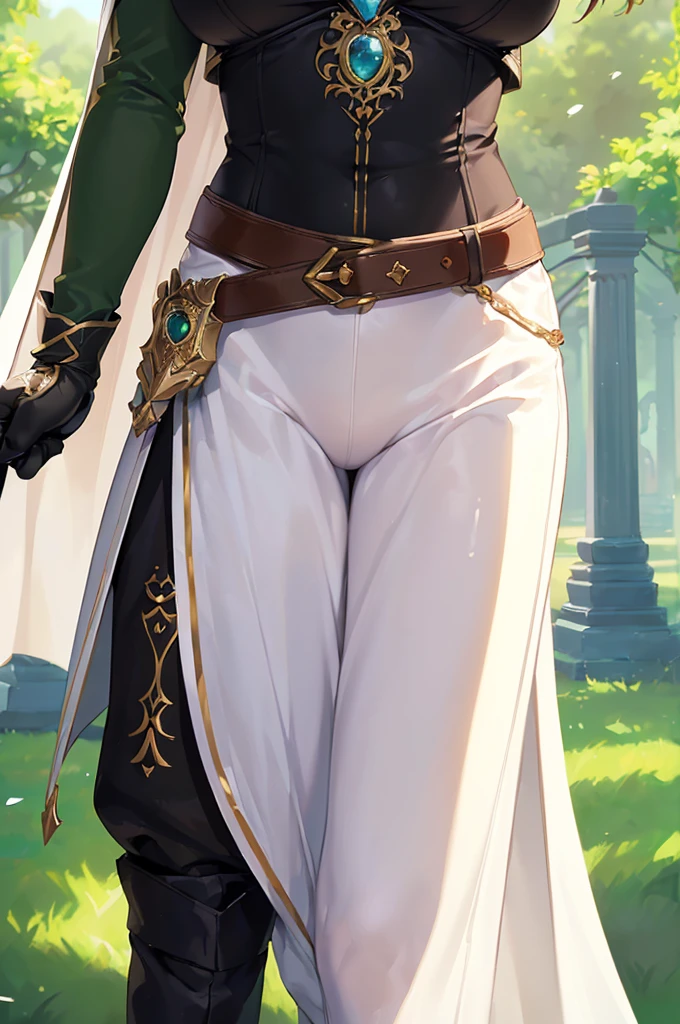 (((masterpiece; best quality: 1.2))), (finely detailed eyes: 1.3), (25 year old elf woman), (solo), (green eyes: 1.4), (body; buxom, fit, femenine: 1.3), (silky blonde hair in low ponytail: 1.3), (beautiful and clear background: 1.2), ((depth of field)), (equipment: adventurer attire + modest + long black tunic + white cape + black pants + gloves + belt + pouches: 1.3), (anime illustration: 1.2), (background composition; royal garden: 1.1), (extremely fine and beautiful: 1.1), (shot composition; standing + centered on torso + close-up: 1.5), (expression; calm, smile: 1.2)