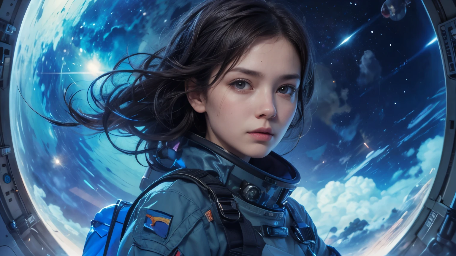 Close-up of a woman in a space suit looking out the window, Portrait Anime Astronaut Girl, Detailed sci-fi art, Vojtek Fuss, Artgerm JSC, Lost Draw 1. 0, Lost Draw portrait, Lost Draw 2. 0, Artjam and Athi Gairan, :: Lost Draw, Armored astronaut girl portrait