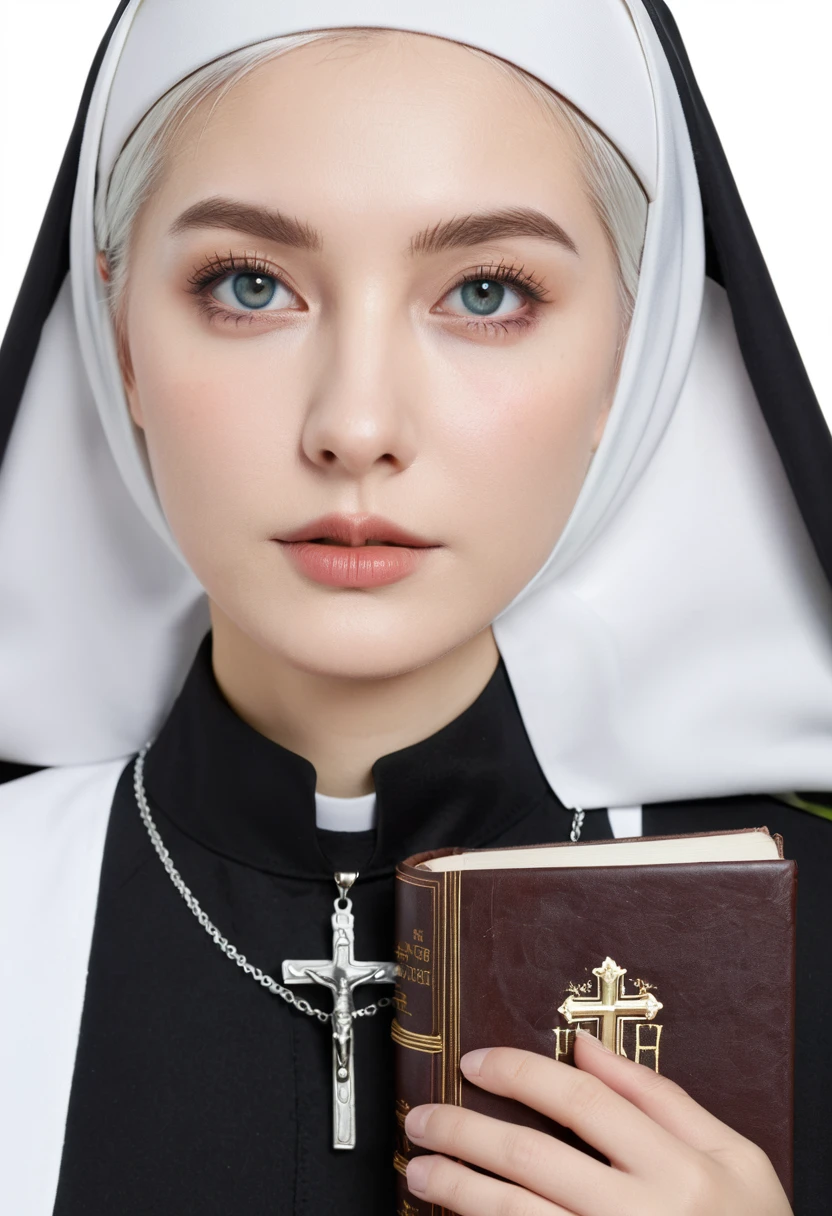 nun, cross, Bible, White hair, church, Realistic and detailed eyes