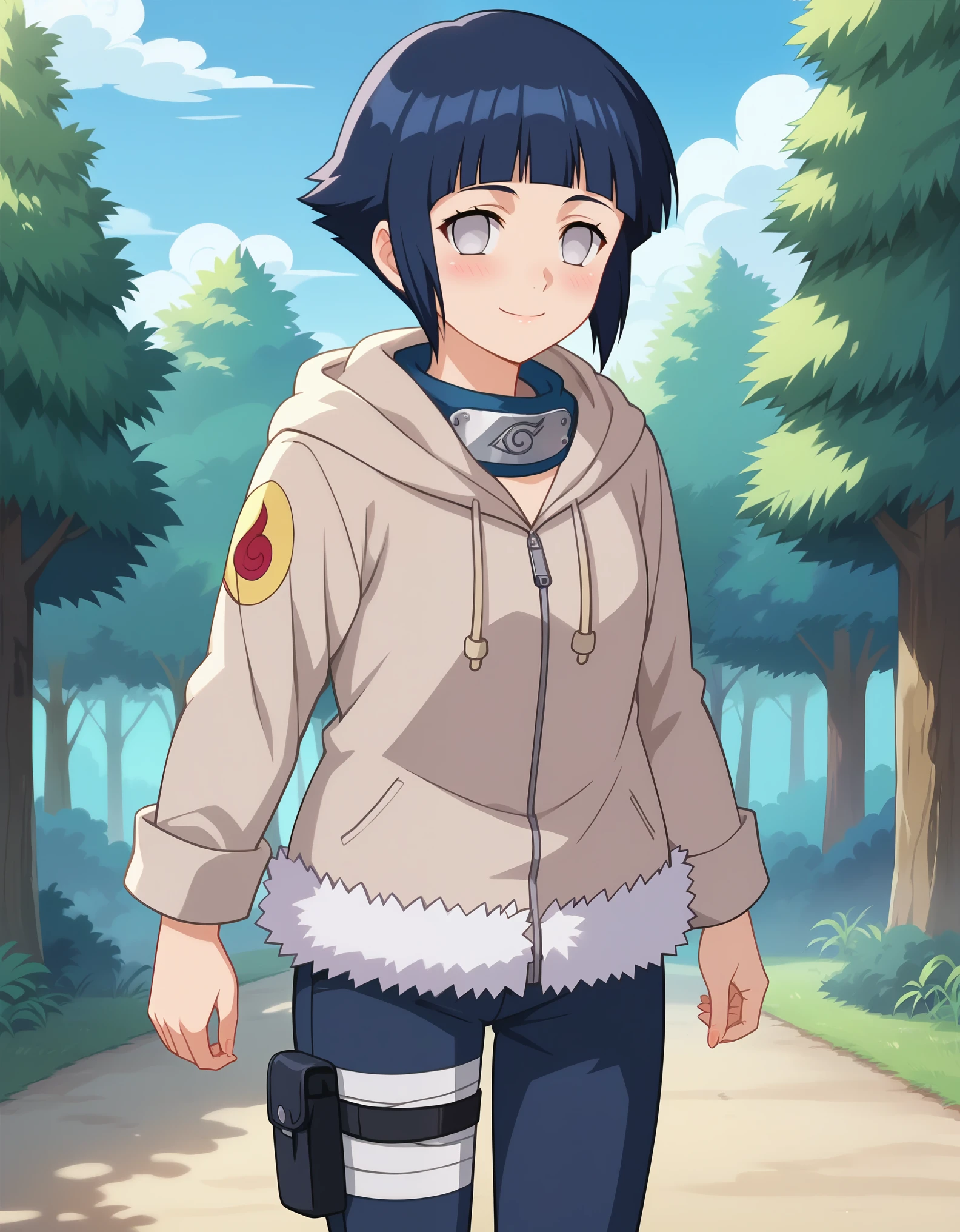 score_9, score_8_up, score_7_up, source_anime,
 short hair, dark blue hair, no pupils, 1girl, blunt bangs, shiny hair, grey eyes, hoodie, solo, hood down, long sleeves, looking at viewer, blush, fur trim, capri pants,  standing, smile, closed mouth,standing, cowboy shot, bandages, thigh holster,konohagakure symbol, forehead protector, 
outdoors, forest,
anime screencap, anime coloring,