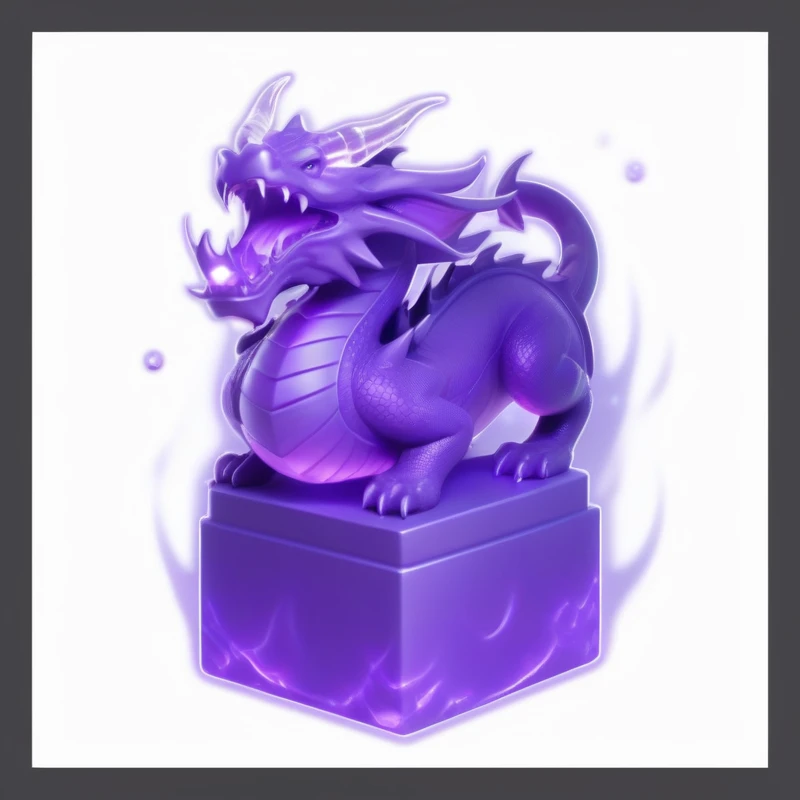 Purple dragon statue on white background with purple background, Magic Items, Mysterious art style, in mysterious style, Purple Antler God, Purple flames surrounding the magic arena, Purple glowing core in the armor, Concept Art Magic Highlights, Made of liquid purple metal, Rendering Art, 3d icons for mobile games, Crystal Dragon, Soft image shadows