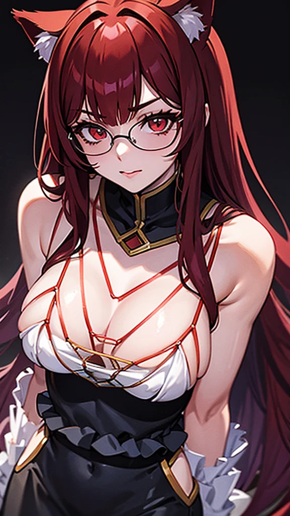 A 20 year old female villain with long dark red hair, red cat eyes, chest with red cat ears, round glasses, black dress,