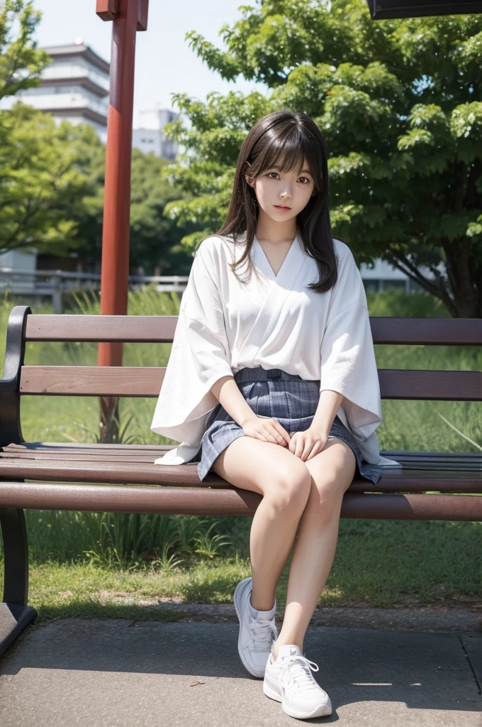 One Japanese girl、Sitting on a bench outside、The clothes are normal clothes that are popular in Japan.