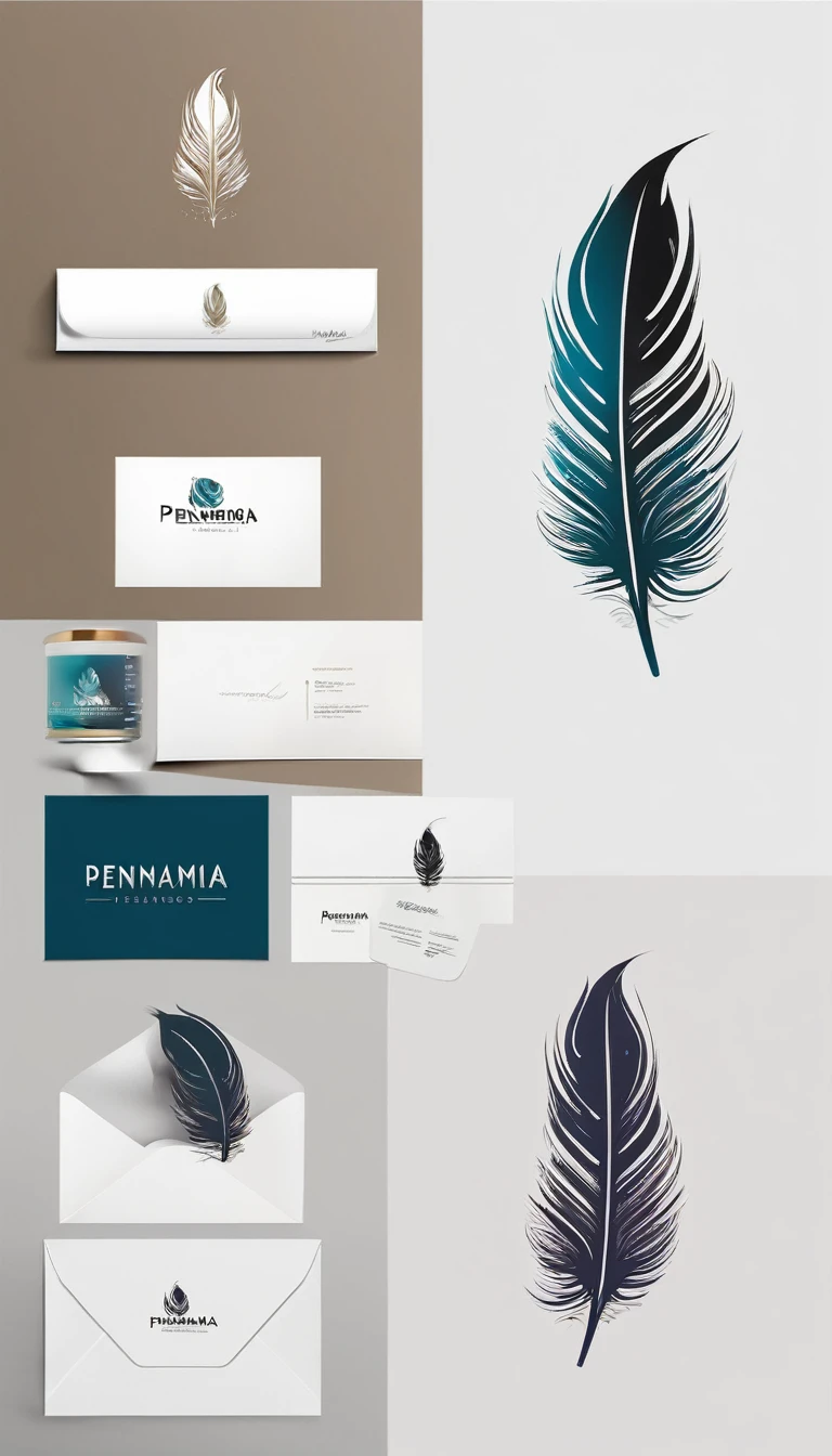 Create a minimal, modern, simple, inspirational, memorable, dream like logo design of a feather for the brand “Penamemoria".