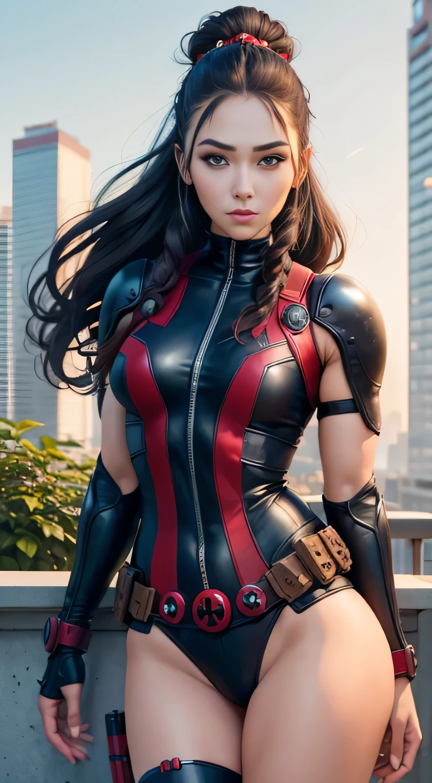 pretty girl, Iroquois hairstyle, Dead Pool, The perfect female face, A detailed eye, long eyelashes, shapely legs, On the roof of a tall building