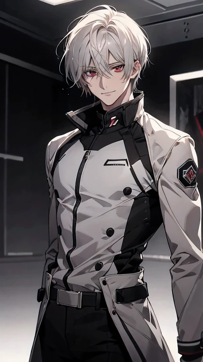 (Confused, High resolution, Very detailed), 1 male, Silver Hair,Shortcuts,Looks soft,Wavy Hair,Short Hair,Deep red eyes,White and black pilot suit,24th generation,beauty,mature,thin,quiet,Calm,A small smile,A kind smile,Embarrassed smile,In front of the person I like,Long coat,Slender and thin,skinny pants,grassland,tall,