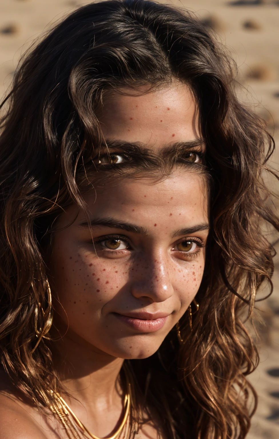 (Close-up, editorial photograph of a 18 year old woman), (highly detailed face:1.4) (smile:0.7) (background inside dark, moody, private study:1.3) POV, by lee jeffries, nikon d850, film stock photograph ,4 kodak portra 400 ,camera f1.6 lens ,rich colors, hyper realistic ,lifelike texture, dramatic lighting , cinestill 800, wavy hair, messy hair, Mischievous smirk, Black hair, freckles, Brown Eyes, jewels, necklace, Astral Plane, Black Round Sunglasses, Sun, Sand, Desert, Arabian expressions, Egyptian woman, Arabian skin, Golden Aura, shadow queen, naked