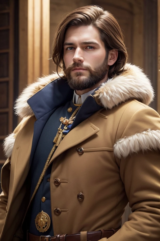 white man with very brown hair and hits his shoulders, your big nose stands out on your face, Your eyes are blue, and he has an unshaven beard.
 Use light military clothing in brown and gold tones, with a large fur coat and a knight&#39;s helmet made of gold. in drawing 