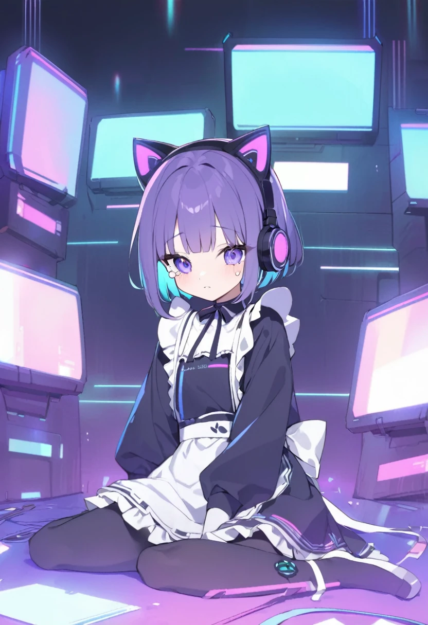 A cyberpunk style girl around 17 years old。Purple short bob hair、Wearing cat ear headphones、Black and white maid outfit。I fell and am sitting on the ground in tears。black tights。The saturation is high、The screen is dark、Purple and blue are the main colors。