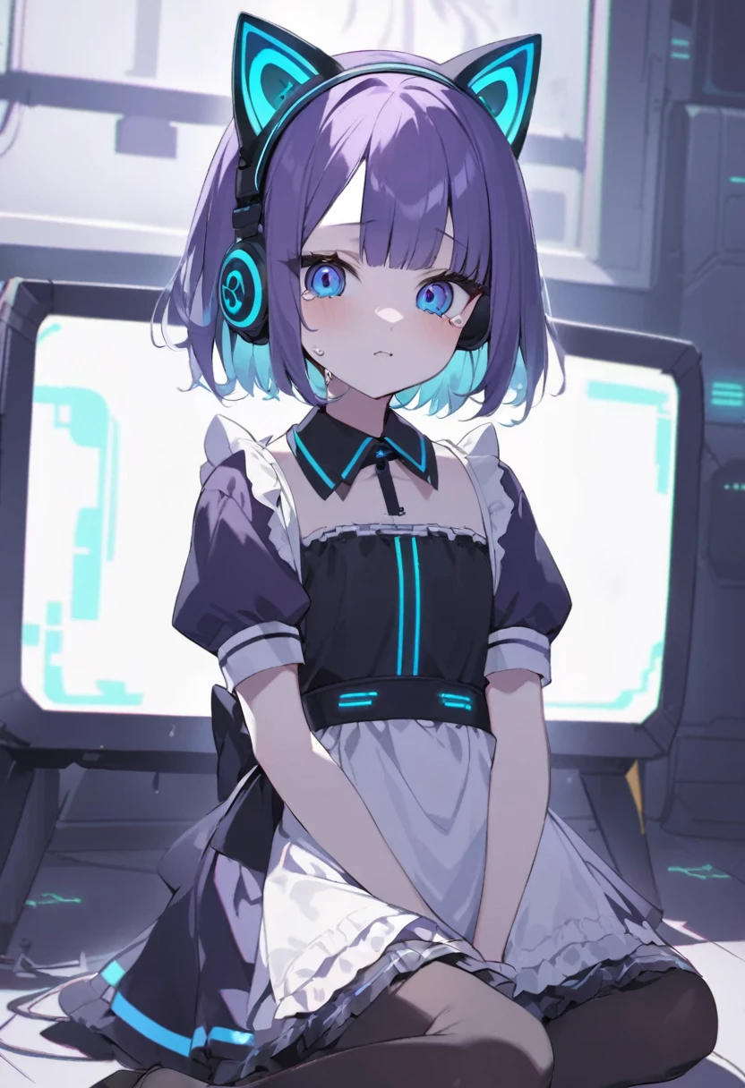 A cyberpunk style girl around 。Purple short bob hair、Wearing cat ear headphones、Black and white maid outfit。I fell and am sitting on the ground in tears。black tights。The saturation is high、The screen is dark、Purple and blue are the main colors。