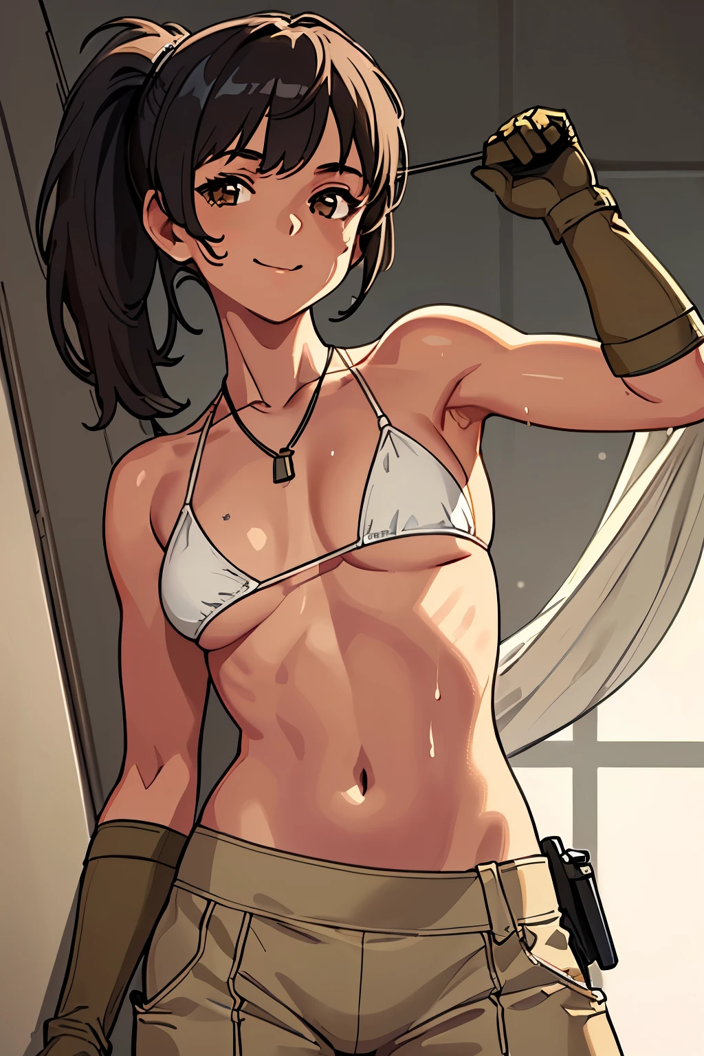 best quality, masterpiece, (realistic:1.2), 1girl, solo, upper body, (silhouette lighting:1.4), smiling, (wearing ivory bikini-top, khaki cargo pants:1.4), gloves, dog tag necklace, light brown ponytail hair with bangs, sweating a lot, wet skin, (contrapposto pose at maintenance workshop:1.3), (small breast, underboob:1.2)