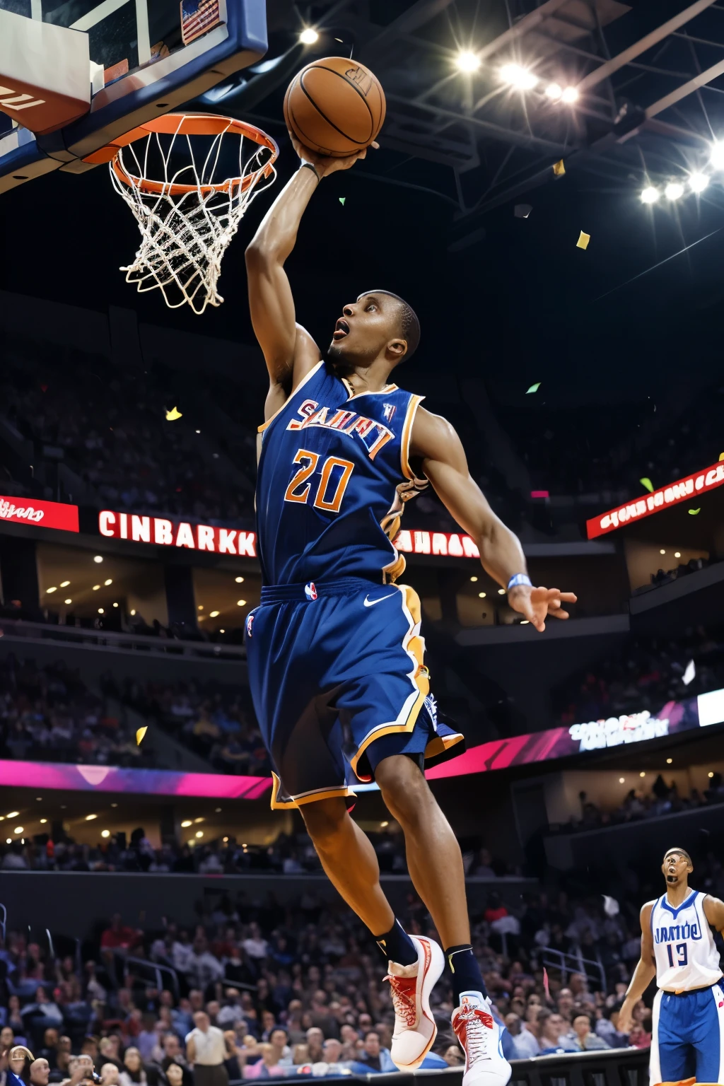 masterpiece, intricate details, dunk, dunk ball, Game-Winning Dunk, spark, laser beam, enthusiastic audience, NBA final, flying confetti, streamline