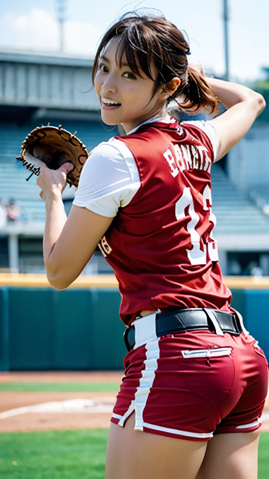 (((First Person))),(((Perfect anatomy, carefully drawn limbs with perfect joints and no excess or deformities))),(((The grandstands are filled with spectators))),The enthusiastic crowd roars,(((On the field of a softball stadium filled with enthusiastic spectators, a beautiful softball player with outstanding style stands in the batter's box with a serious look in her eyes))),(((The softball uniform, with a short-sleeved, collarless shirt with a large number on the back and the bottoms tucked into shorts and a belt, is々Shii,Wear softball socks and spikes))),(((Capture the powerful moment when you step up to bat and swing with all your might in a full-body snapshot))),Speed,body幹の強い低い姿勢,Speed,(Capture the essence of the movement and the moment of the play),((The audience roars at the wonderful play of a beautiful softball player wearing a red uniform and shorts on a white background),(((With a serious look on his face, he holds a softball helmet and a metal bat.,打席でバットを振ってヒットする瞬間の動きの本質を捉えた4K full body shot from the side)),All in one,Gritting teeth,Sharp step,(Skin Dentition:1.5),Realistic and realistic,(masterpiece:1.5),(((Sports concept art))),Intricate details,Highly detailed and realistic,Octane Rendering,4k quality,(Sports Real Engine),Dynamic pose,4K Top Quality,High resolution,(Realistic Face:1.1),(Surreal:1.1), ((full_body)),((Expressing the dynamism that emanates from the whole body)),(((He has a slim, muscular body, but his strong legs and slim waist make him look very stylish.))),(4K full body shot from the side),(Shiny skin:1.2),(((Hairstyle))),(((Perfect hands))),(Highly detailed background),((整備された美Shii芝が張られたピッチに観客で一杯のスタジアムの背景が壮観)),A crucible of cheers and excitement,((Beauty condensed in 1girl)),((光を蓄えた美Shii瞳)),(Shiho wearing a necklace),(((滴る大量の汗が眩Shii))),(The short bob flows with your movements.),casting ,((Dramatic beauty)),披写界深度の深い美Shiiボケ,4K,Gothic,4K Digital SLR Camera,Fujifilm XT3 style,(Saiharu Body),(Delicate eyes and face),Professional Perspective,素晴らShiiディテール,(1girl condenses exceptional beauty),繊細でHigh noseを持つ美Shii顔,High nose, Clear chestnut eyes that glorify the light, Glossy red lips, light makeup,