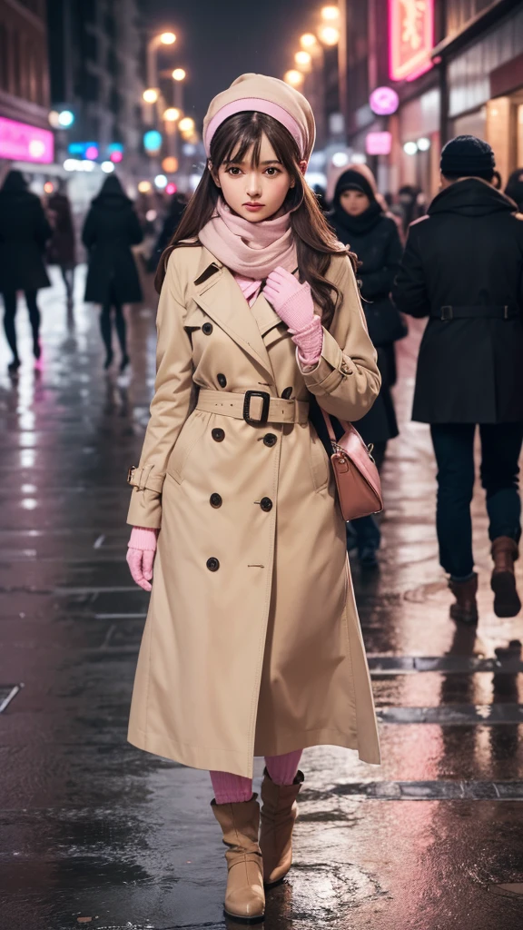 1girl with long brown hair wearing a fully buttoned up and belted buckle popped collar fully up beige trench coat with a pink headscarf wrapped around her head, large pink winter wool scarf and white gloves at the hard rainy night city street full body 8k