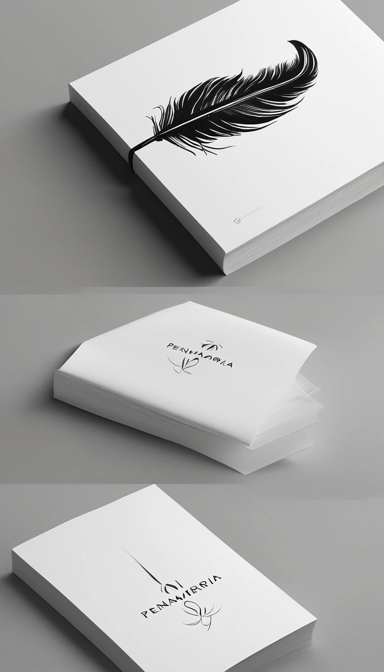 A minimal, modern, simple, cinematic logotype for the brand “Penamemoria". The logotype must be a simple, magical feather. The logo must convey a sense of music, stories and dreams. Logo design impressed on a book cover. Minimalistic logo