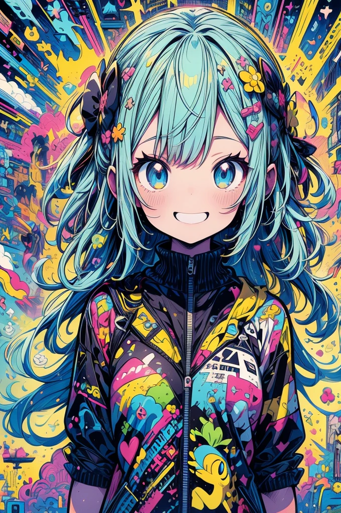 masterpiece, Highest quality, Highly detailed CG Unity 8k wallpaper, Yellow worldview, Cute anime illustrations, One girl, Big smile, Digital Art, Fantasy art, Dreamland, The background is a geometric pattern of colorful bubbles. Funny, pastel colour, light blue, Octane Rendering Style,