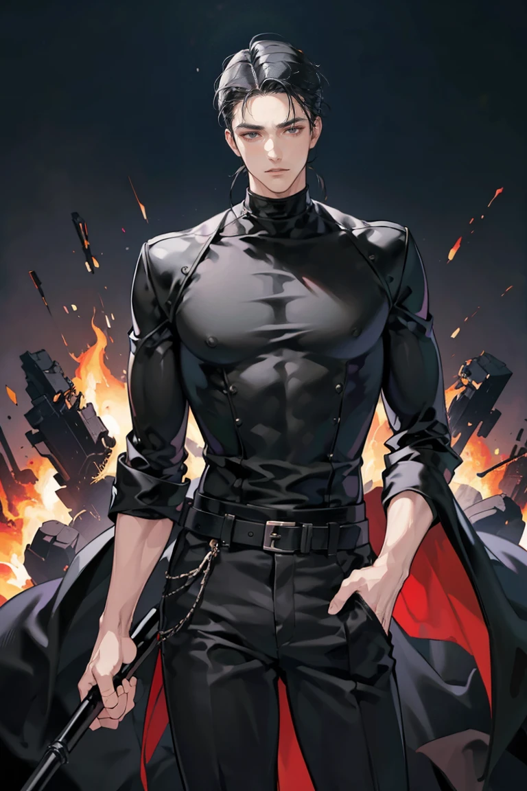 anime - (masterpiece), best quality, seductive eyes, mature face, black eyes, mid length slicked back black haircut, plain black t shirt, black leather jacket, black pants, tall man, long legs, masculine, broad shoulders, massive body, adult-like, full body, hands on hips, bad boy, the background is a burning and exploding city