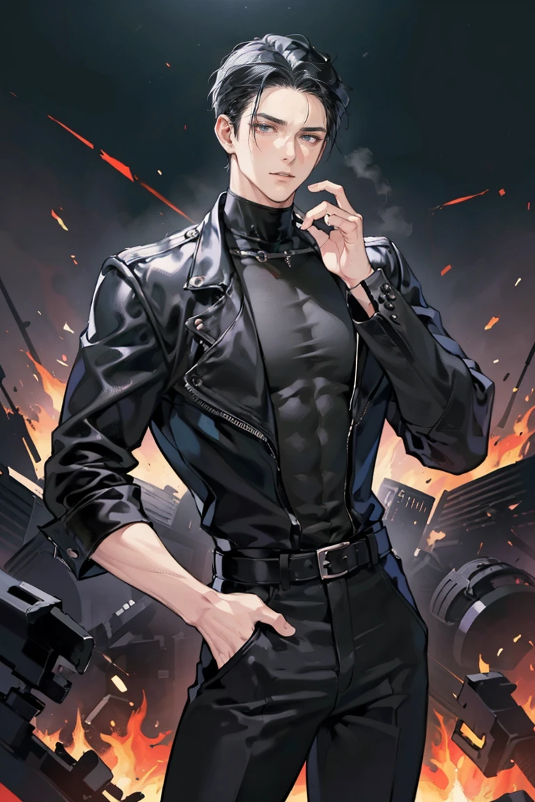 anime - (masterpiece), best quality, seductive eyes, mature face, black eyes, mid length slicked back black haircut, plain black t shirt, black leather jacket, black pants, tall man, long legs, masculine, broad shoulders, massive body, adult-like, full body, hands on hips, bad boy, the background is a burning and exploding city