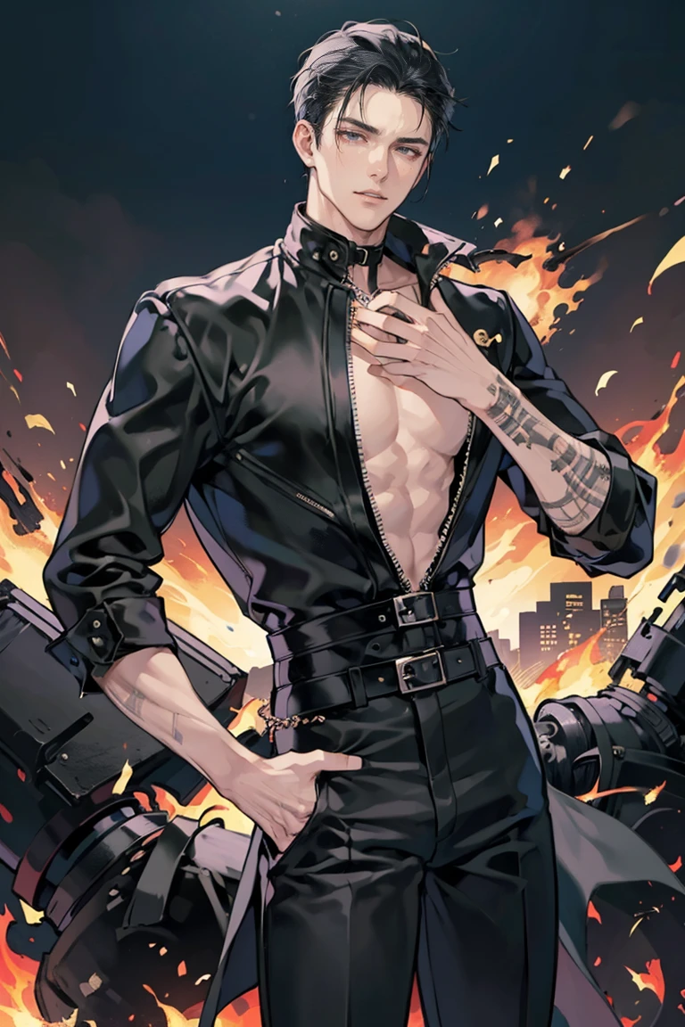 anime - (masterpiece), best quality, seductive eyes, mature face, black eyes, mid length slicked back black haircut, plain black t shirt, black leather jacket, black pants, tall man, long legs, masculine, broad shoulders, massive body, adult-like, full body, hands on hips, bad boy, the background is a burning and exploding city
