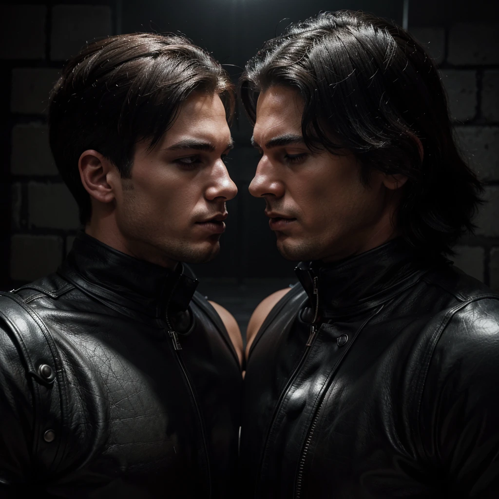 two muscular gay men kissing passionately, wearing full black leather bdsm outfits, 1980s aesthetic, dramatic studio lighting, high contrast, cinematic, intense atmosphere, hyper detailed, photorealistic