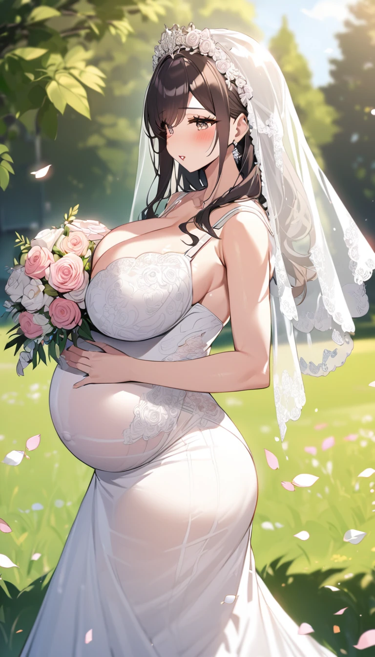 Pregnant girl with huge breasts in a bra with a sexy wedding dress ,veil and bouquet in the park
