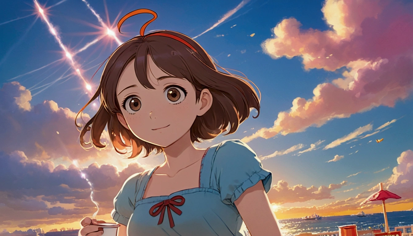 Feminized Maple Manyo、Anime Style、Long-haired girl relaxing and drinking coffee at a seaside cafe、profile、Big eyes、beautiful、City pop fashion、The sea spreads out before your eyes