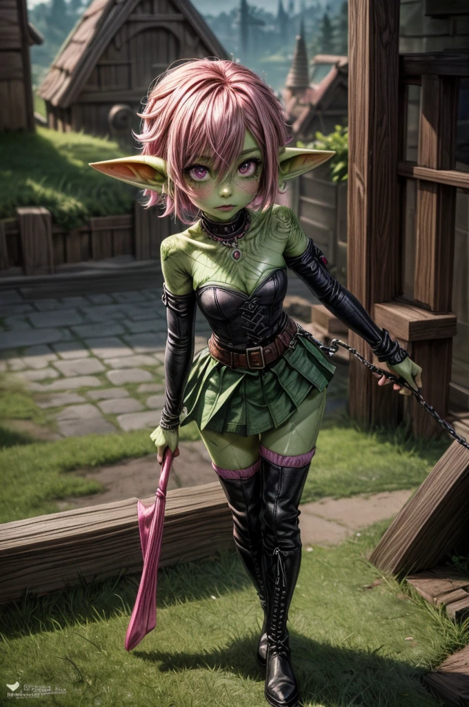 absurd resolution, ((best quality)), ((masterpiece)), (very detailed), 4k, goblin girl, short stature,short pink hair, wearing microskirt, wearing chains, pink eye makeup, ripped fishnets, ((green skin)), small pointy ears, thigh boots, rogue, thief, trickster, leather