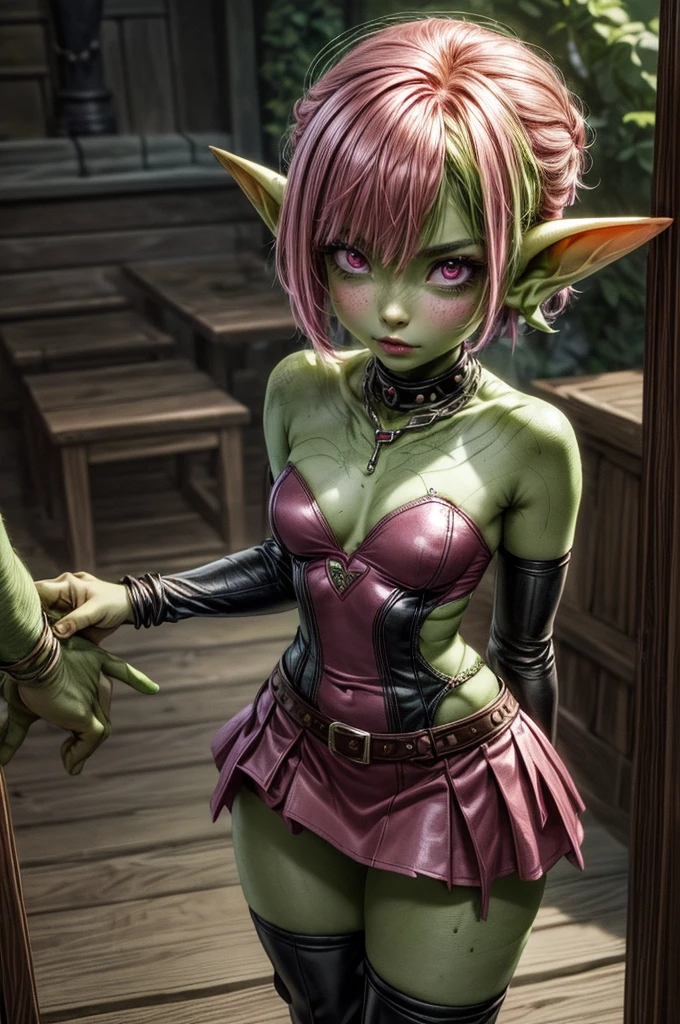 absurd resolution, ((best quality)), ((masterpiece)), (very detailed), 4k, goblin girl, hardcore punk rocker, pink hair, pink tank top, wearing microskirt, wearing chains, pink eye makeup, ripped fishnets, ((green skin)), small pointy ears, thigh boots, standing in a tour bus, looking at viewer, making out with girl, (3girls), ((yuri)), lesbian, kissing, making out, (touching breasts), sexy, horny, passionate, eyes closed