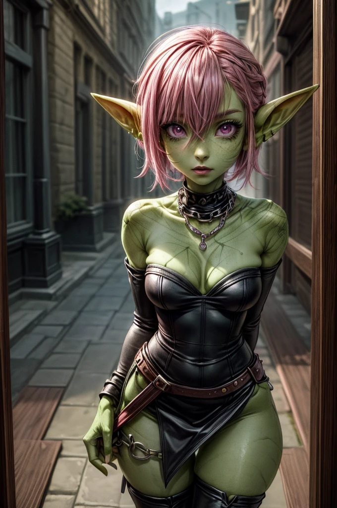absurd resolution, ((best quality)), ((masterpiece)), (very detailed), 4k, goblin girl, short stature,short pink hair, wearing microskirt, wearing chains, pink eye makeup, ripped fishnets, ((green skin)), small pointy ears, thigh boots, rogue, thief, trickster, leather