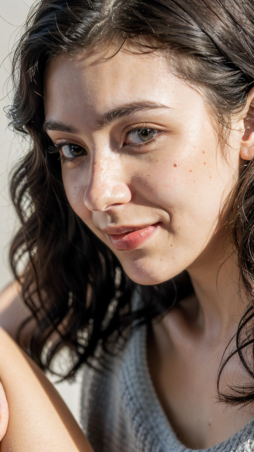 (((ultra realistic))) Photo, masterpiece, top quality, (pale skin), (Ultra detailed face and eyes:1.2), Bright eyes,  1 girl, brassiere, near window,sunrays on face,medium size breasts (Eye makeup, mascara) , ((white wavy hair)) , ((Stylish hairstyle)) , (Natural medium size breasts), (A slight smile), ((Posing)), photoshoot, studio (Contour lighting), (The play of light and shadows), depth of field, bokeh, (special attention to skin detail: 1.2), Detailed leather texture, skin pores. ( color scheme - black, Gray, Ashen, yellow tones)), ((Film grain, VHS effect)), ((rays)) , ((waist up portrait, close to the camera)) , ultra detialed, 