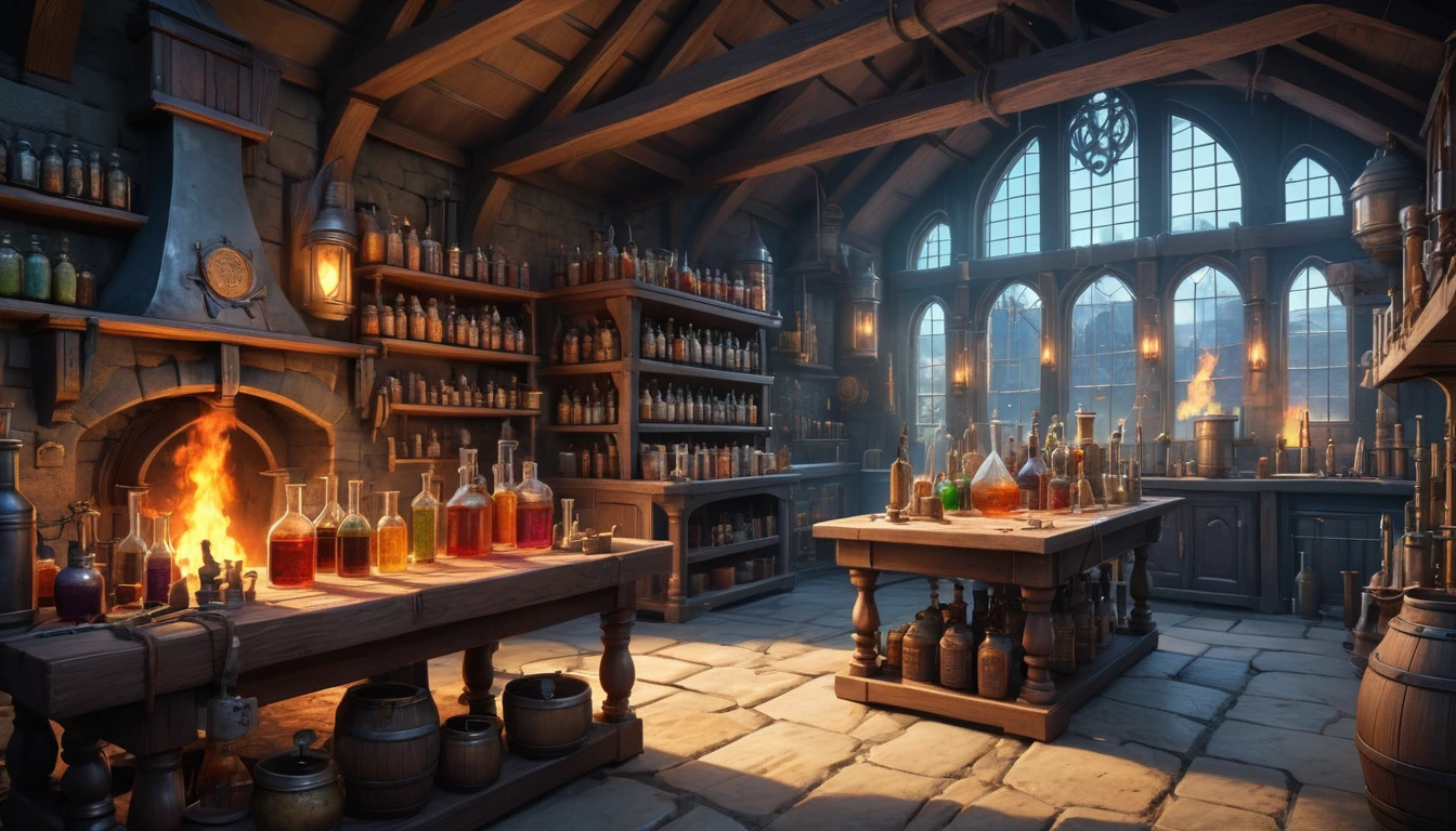 (anime, fantasy, village), (detailed CG unity 8k wallpaper, masterpiece, best quality, ultra-detailed, HDR:1.2), vibrant colors, intricate, high FXAA, medieval laboratory, alchemy laboratory, potion brewing, pipe, vial, smokes