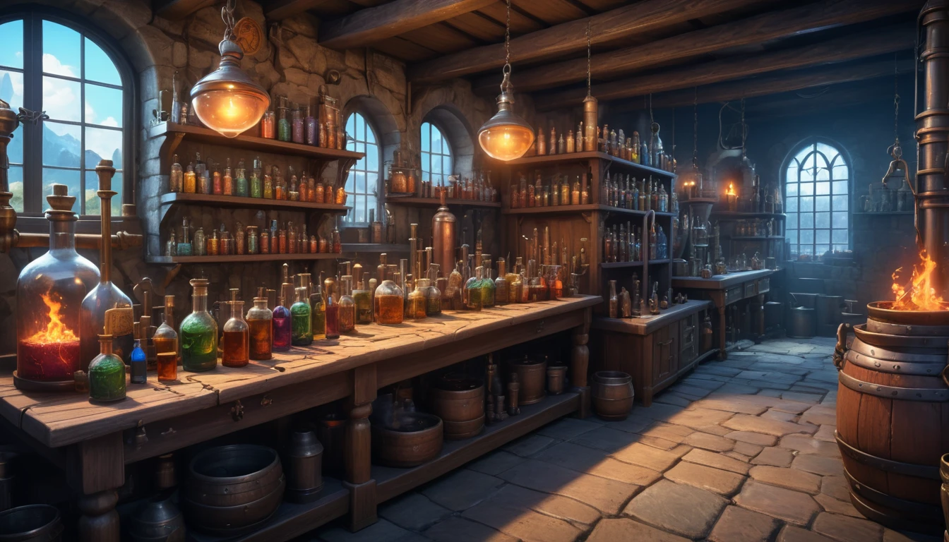 (anime, fantasy, village), (detailed CG unity 8k wallpaper, masterpiece, best quality, ultra-detailed, HDR:1.2), vibrant colors, intricate, high FXAA, medieval laboratory, alchemy laboratory, potion brewing, pipe, vial, smokes