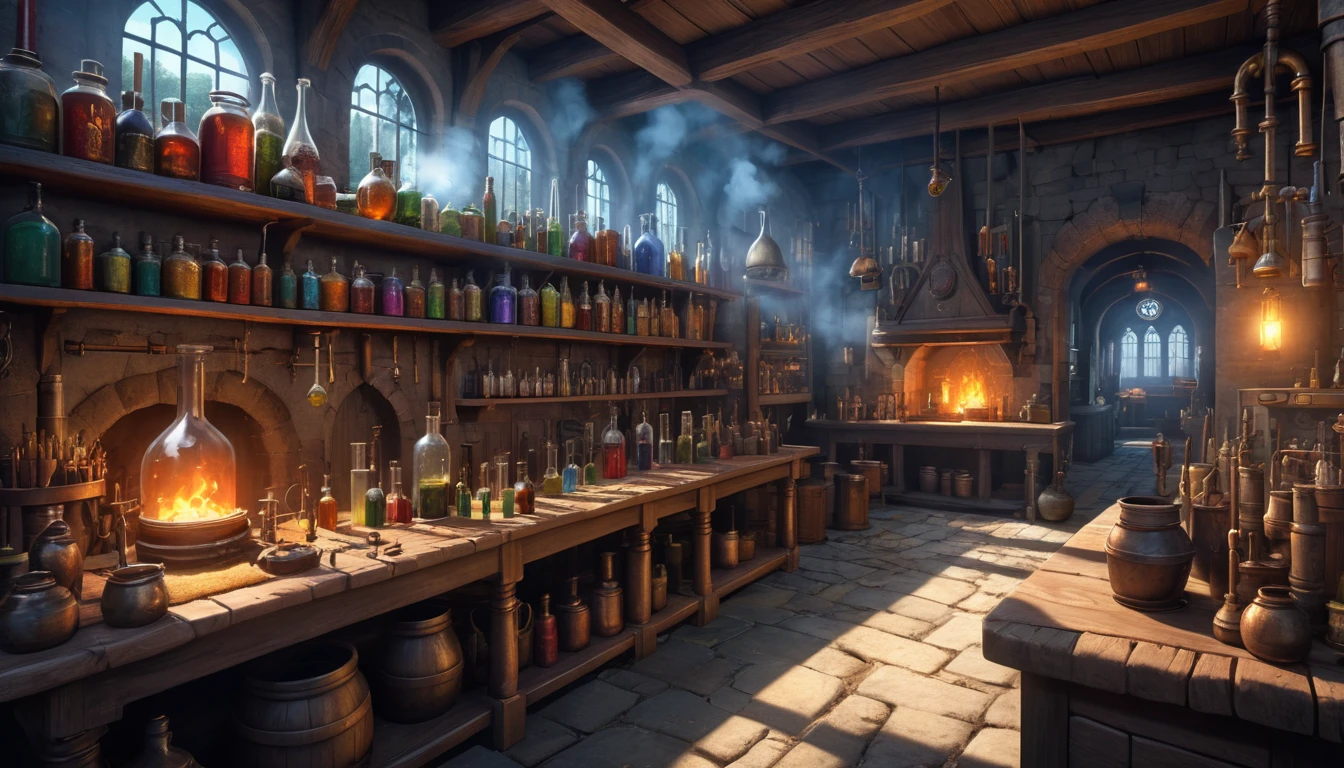 (anime, fantasy, village), (detailed CG unity 8k wallpaper, masterpiece, best quality, ultra-detailed, HDR:1.2), vibrant colors, intricate, high FXAA, medieval laboratory, alchemy laboratory, potion brewing, pipe, vial, smokes
