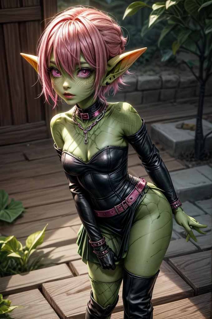 absurd resolution, ((best quality)), ((masterpiece)), (very detailed), 4k, goblin girl, short stature,short pink hair, wearing microskirt, wearing chains, pink eye makeup, ripped fishnets, ((green skin)), small pointy ears, thigh boots,