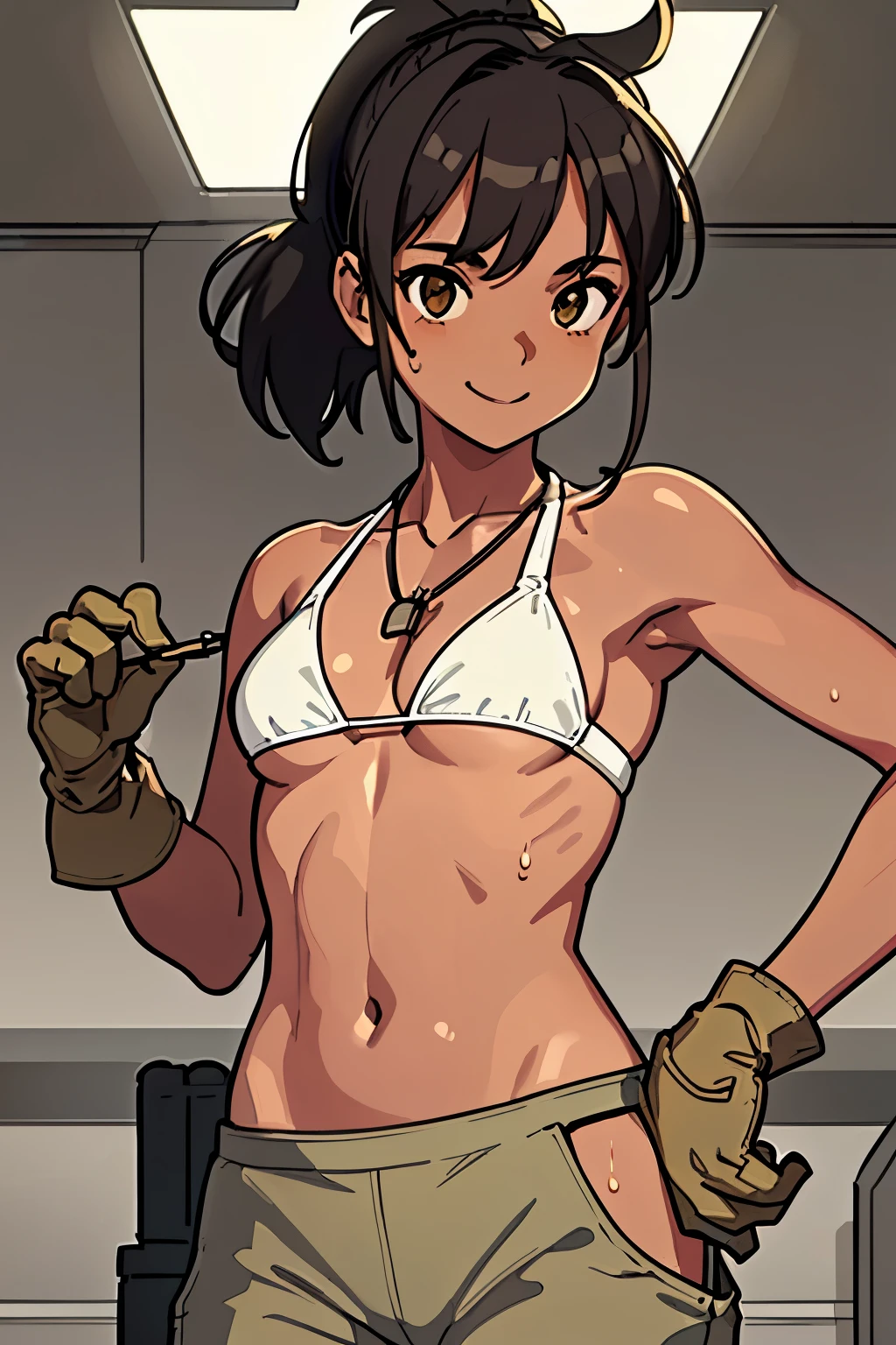 best quality, masterpiece, (realistic:1.2), 1girl, solo, upper body, (silhouette lighting:1.4), smiling, (wearing ivory bikini-top, khaki cargo pants:1.4), gloves, dog tag necklace, light brown ponytail hair with bangs, sweating a lot, wet skin, (contrapposto pose at maintenance workshop:1.3), (small breast, underboob:1.2)