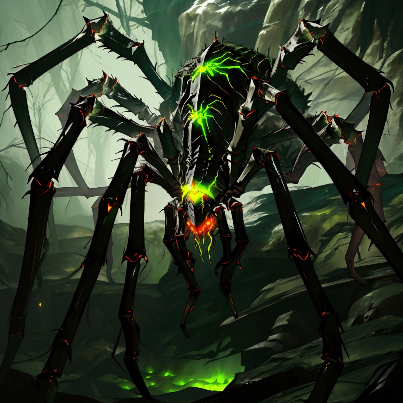 large cave, giant cave, dark cave, detailed hairy look, dark and gloomy, scary caverns, dark lighting, carnal, Arachnomorph, (green eyes), ((8 eyes, multiple eyes)), giant cavern, (dark area), foggy, camouflaged, stealthy, green runes, green magic, ((giant spider boss, symbol on back, green glowing eyes)), green trims on limbs, radioactive