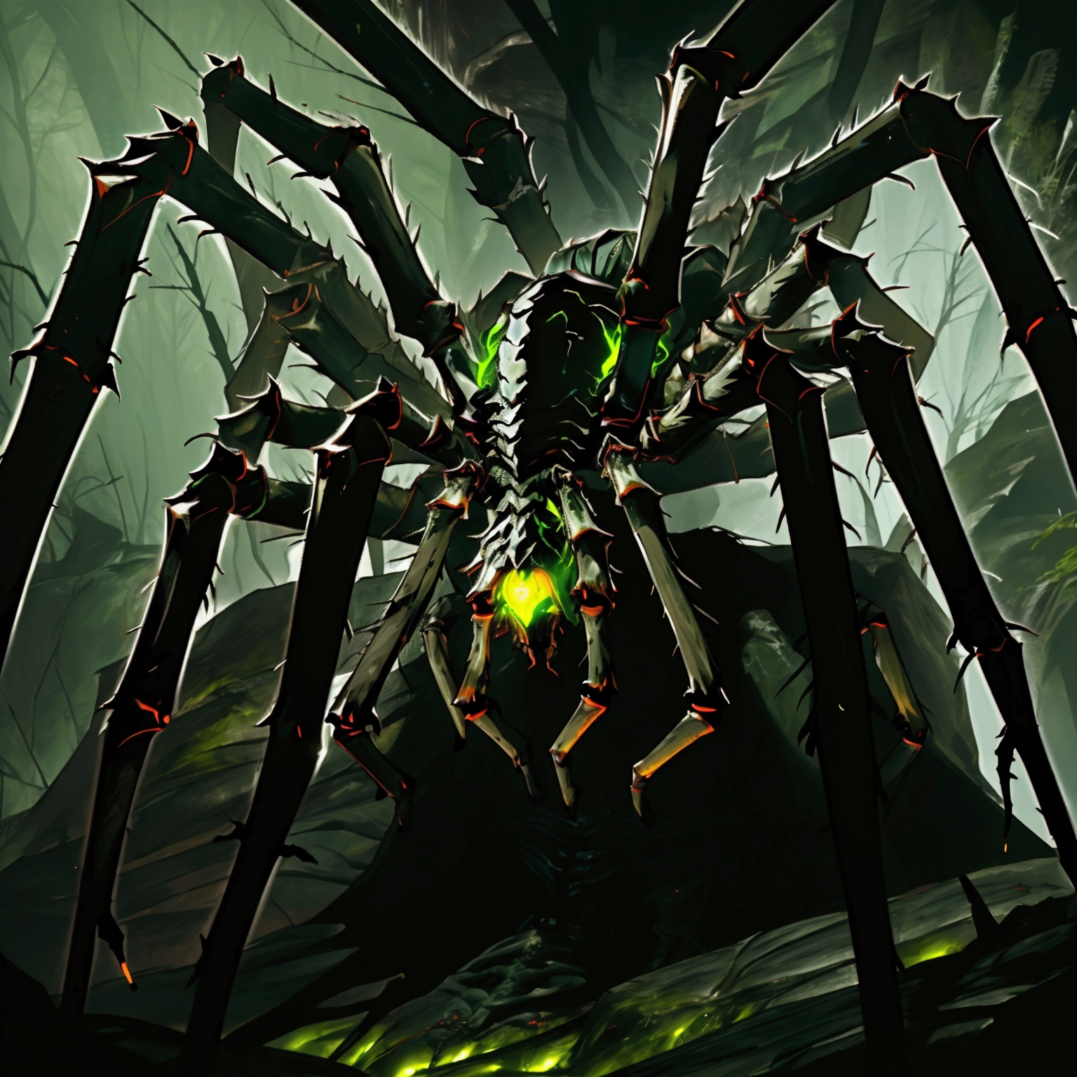 large cave, giant cave, dark cave, detailed hairy look, dark and gloomy, scary caverns, dark lighting, carnal, Arachnomorph, (green eyes), ((8 eyes, multiple eyes)), giant cavern, (dark area), foggy, camouflaged, stealthy, green runes, green magic, ((giant spider boss, symbol on back, green glowing eyes)), green trims on limbs, radioactive