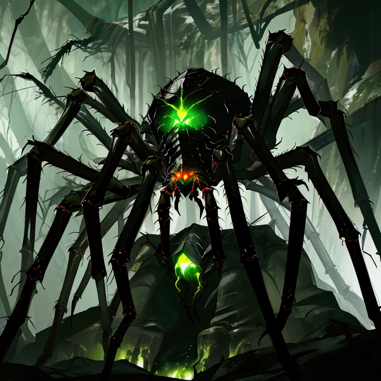 large cave, giant cave, dark cave, detailed hairy look, dark and gloomy, scary caverns, dark lighting, carnal, Arachnomorph, (green eyes), ((8 eyes, multiple eyes)), giant cavern, (dark area), foggy, camouflaged, stealthy, green runes, green magic, ((giant spider boss, symbol on back, green glowing eyes)), green trims on limbs, radioactive