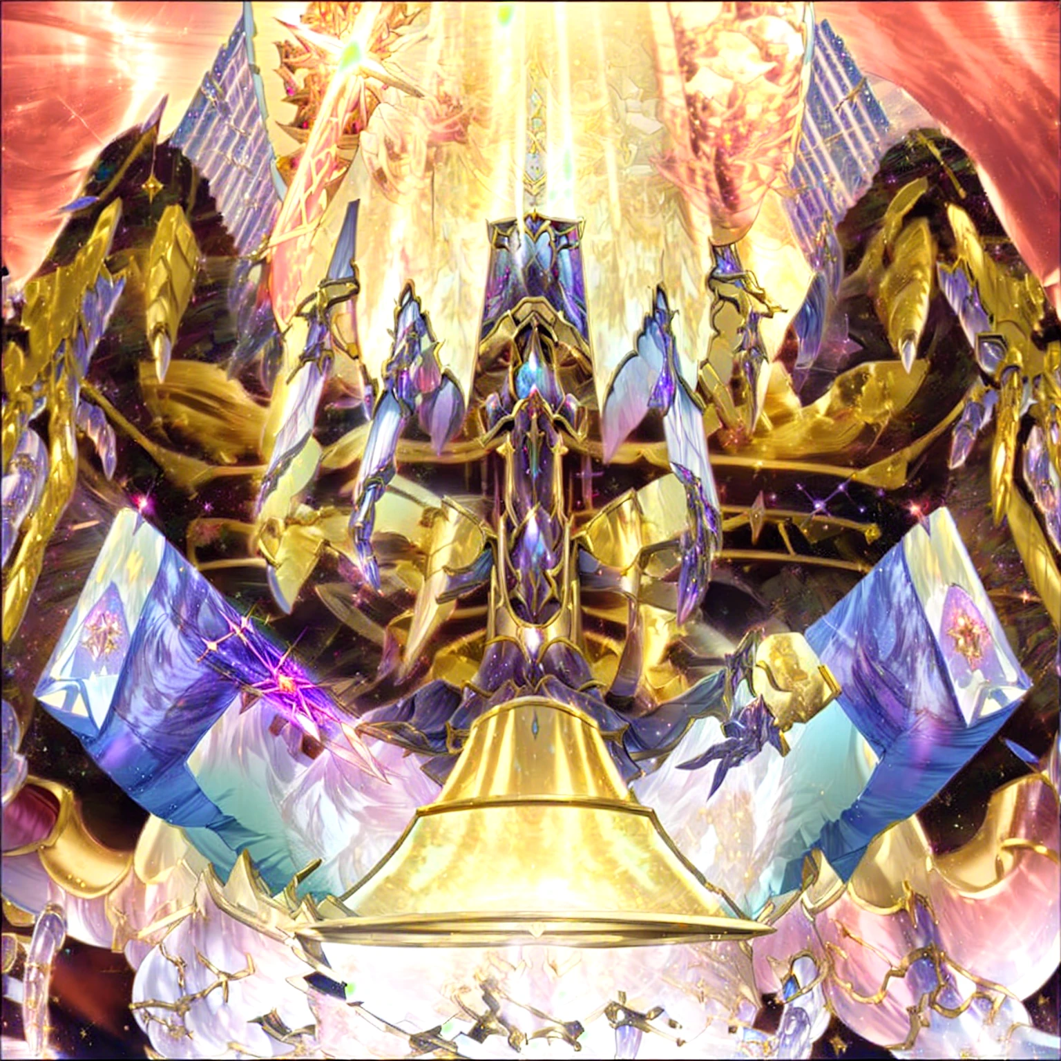 Yu-Gi-Oh! Artwork, Interstellar Cathedral, Kingdom of Light Background, ornate gilded cosmic machine, crown (((White laser))), infinite crystal ascent, Crystallized Time Warp, Grail Palace,