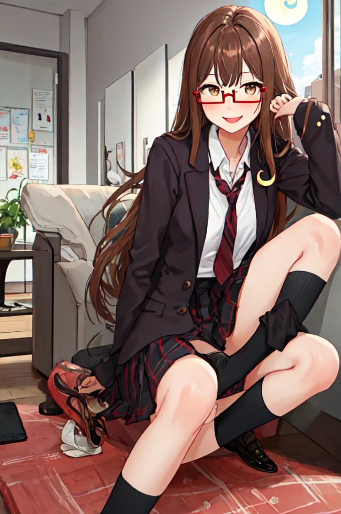 Highest quality, masterpiece, High resolution, alone, {full moon_Fleet Collection:1.15}, Long Hair, Brown Hair, Glasses, brown_eye, red-framed_Glasses, semi-rimless_Glasses, Crescent Moon, black_Seraphim, blush, Under Rim_Glasses, One girl, Closed_eye, Open_mouth, School_uniform, (indoor, office, living room), , blackスカート, ^_^, eggplant, smile