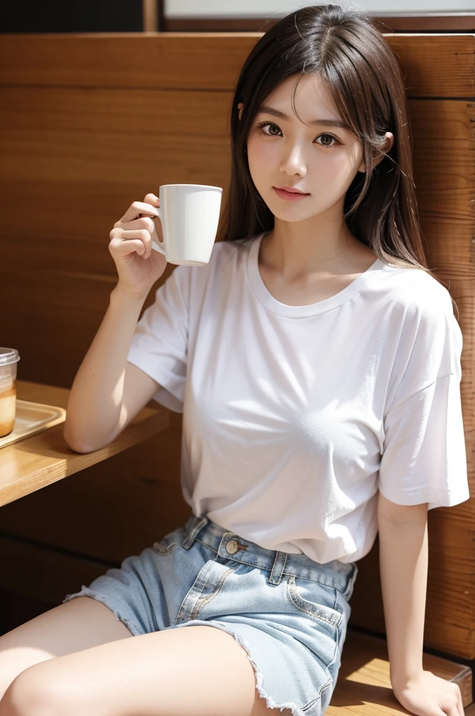 One Japanese girl、Drinking coffee at a cafe。Dressed in a white T-shirt and shorts。