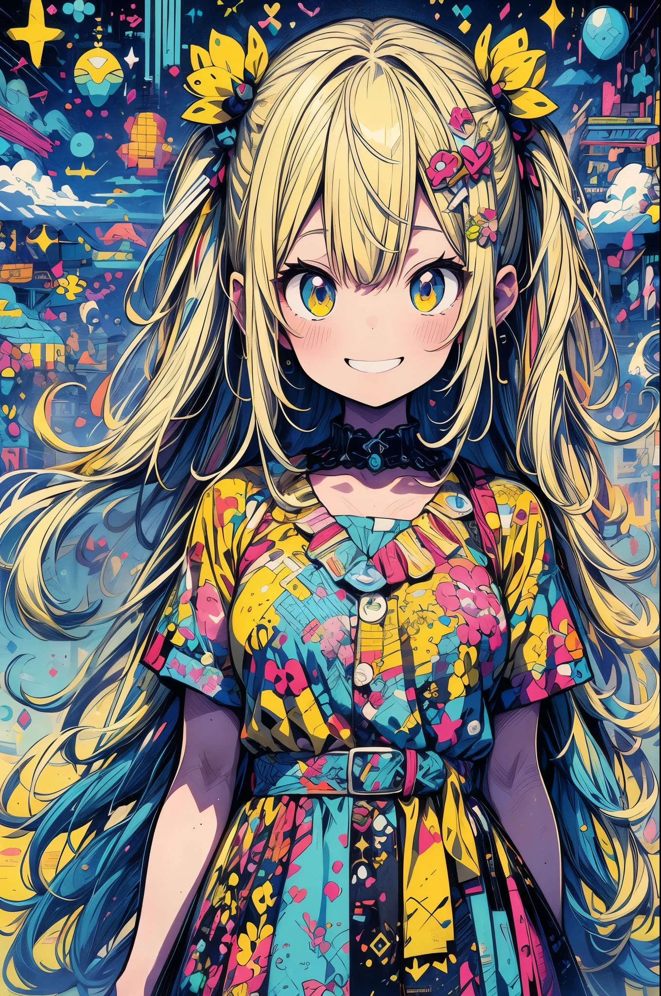 masterpiece, Highest quality, Highly detailed CG Unity 8k wallpaper, Yellow worldview, Cute anime illustrations, One girl, Big smile, Digital Art, Fantasy art, Dreamland, The background is a geometric pattern of colorful bubbles. Funny, pastel colour, light blue, Octane Rendering Style,