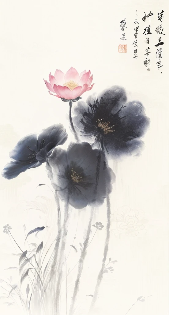 There is a painting,A painting of a pink flower and some grass, traditional Chinese Ink Painting, 中traditional Chinese painting风格, Ghost Festival, Chinese Ink Painting, traditional Chinese painting, author Dai Xi, Chinese Ink Painting, by Yang Buzhi, by Wu Zuoren, author:Qiandu, by Xia Shuwen, by Zhou Shuxi