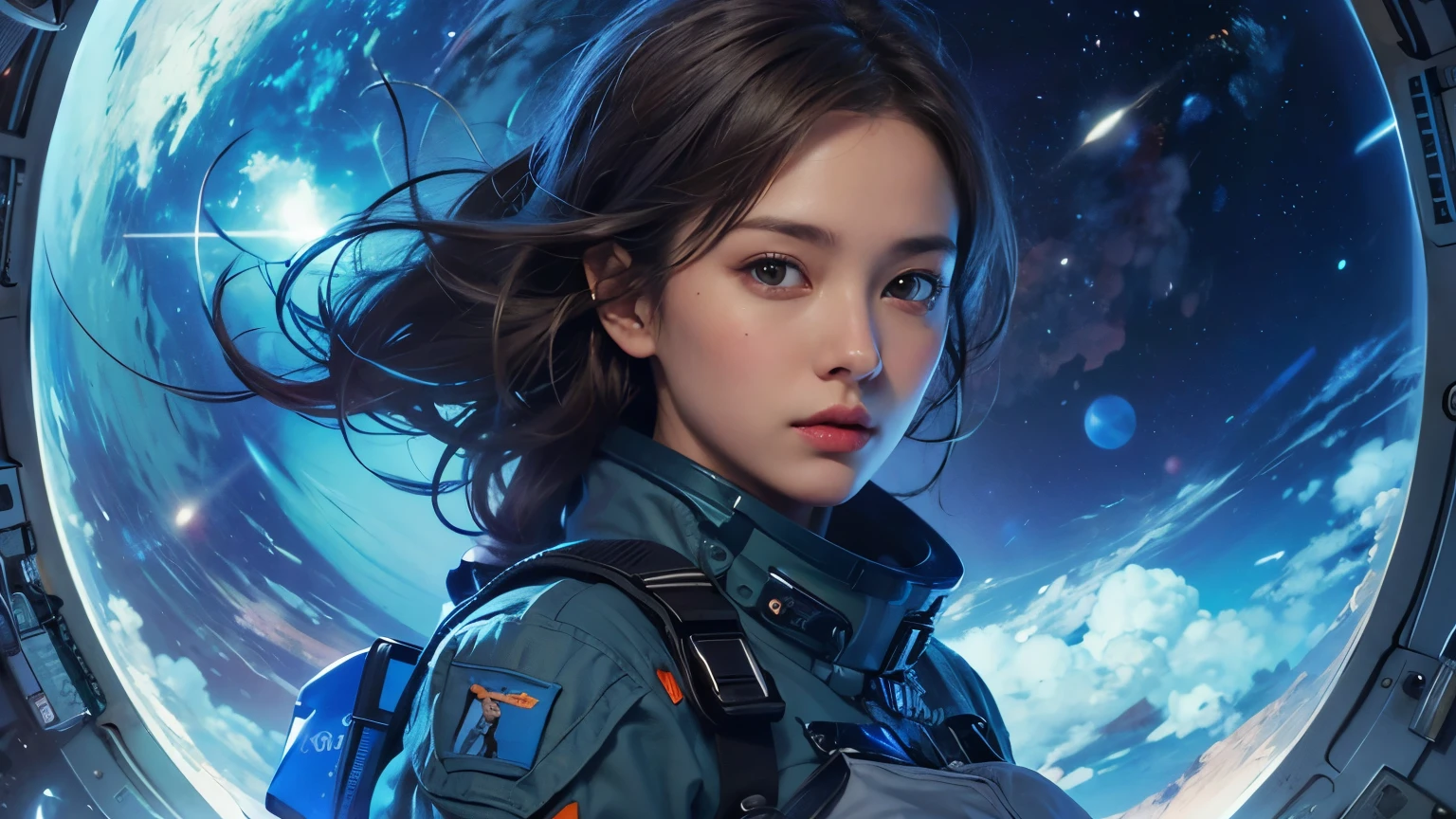 Close-up of a woman in a space suit looking out the window, Portrait Anime Astronaut Girl, Detailed sci-fi art, Vojtek Fuss, Artgerm JSC, Lost Draw 1. 0, Lost Draw portrait, Lost Draw 2. 0, Artjam and Athi Gairan, :: Lost Draw, Armored astronaut girl portrait